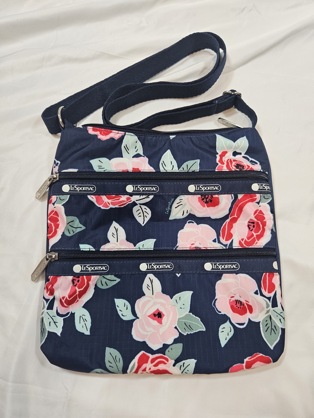 LeSportsac Navy Crossbody with Pink & Red Rose Print 9×9